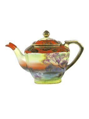 Noritake Hand Painted Porcelain Teapot Gold Accents Scenic Landscape Japan